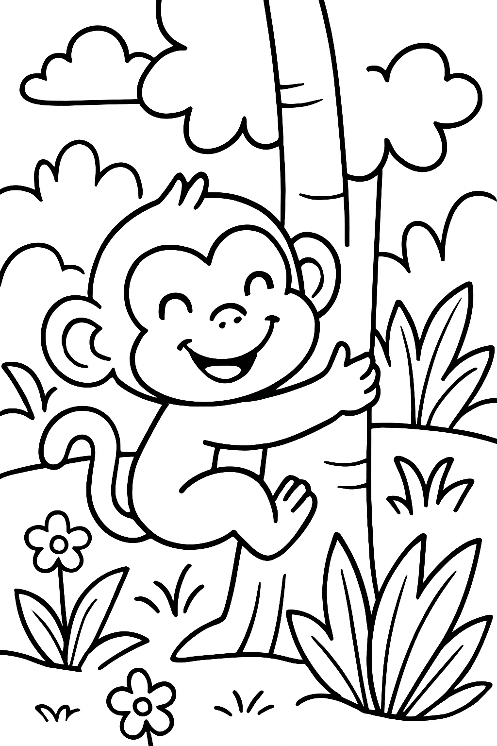 Cheerful Cartoon Monkey Clinging to Tree Trunk Coloring Page