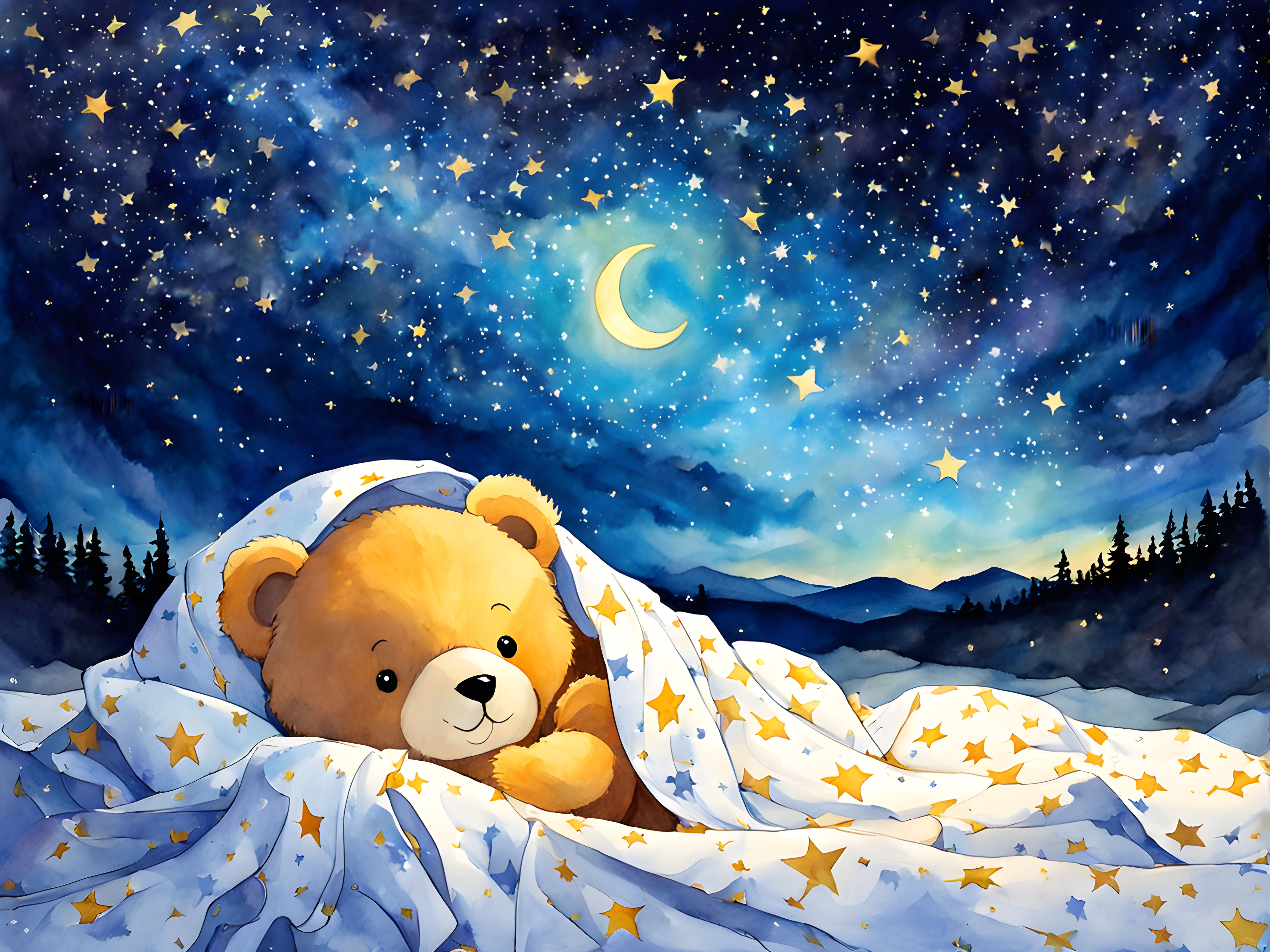 Sweet watercolor painting of a sleepy moon embracing a teddy bear under a blanket of stars. Paint a night sky filled with constellations, and add a touch of warmth to the scene with a soft, golden glow. Convey a feeling of comfort and security. , Watercolor, trending on artstation, sharp focus, studio photo, intricate details, highly detailed, by greg rutkowski