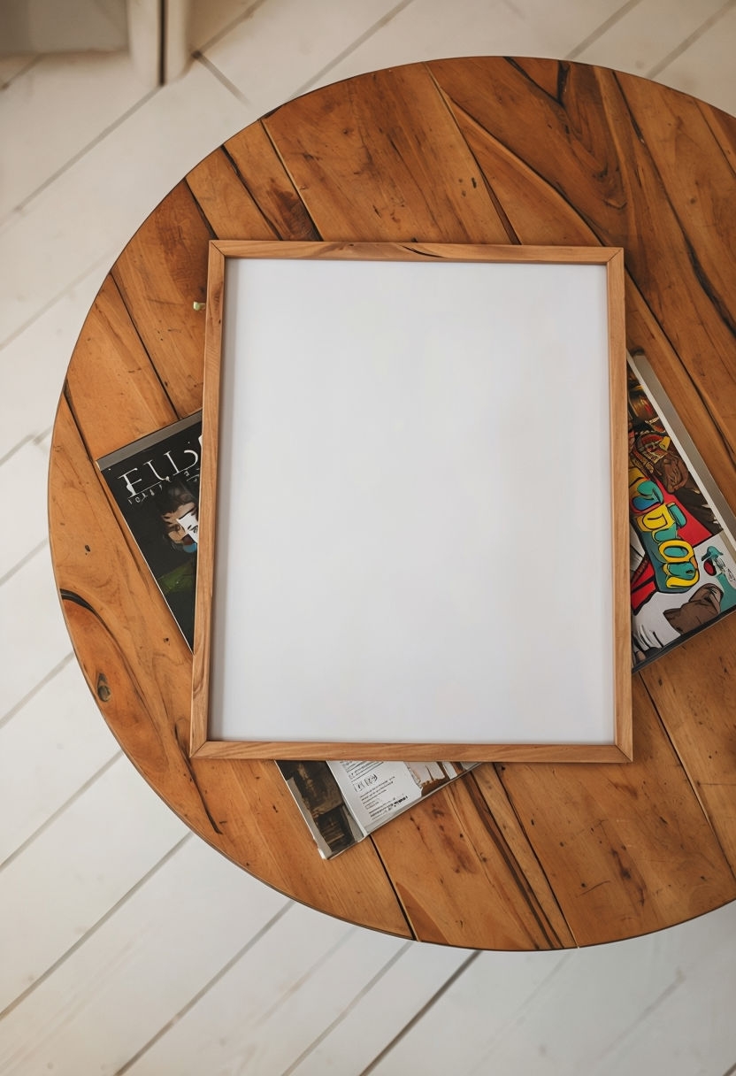 Round Wooden Table with Blank Poster and Magazine Mockup