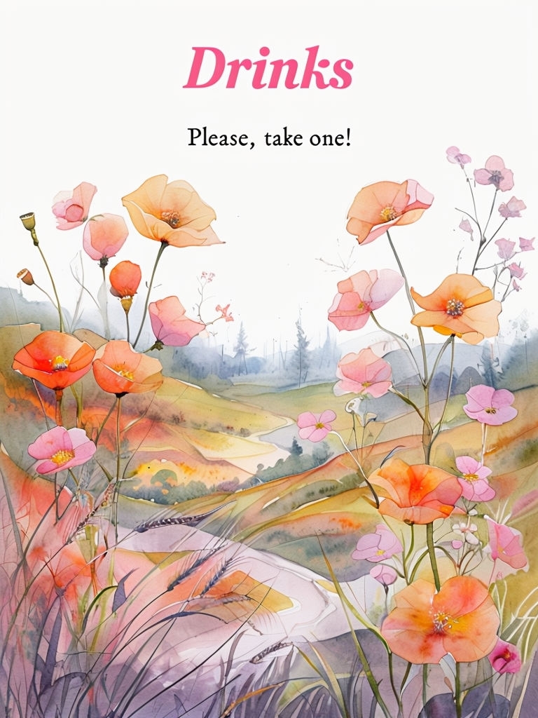 Whimsical Pastoral Landscape Drinks Sign with Flowers Artwork Event Sign