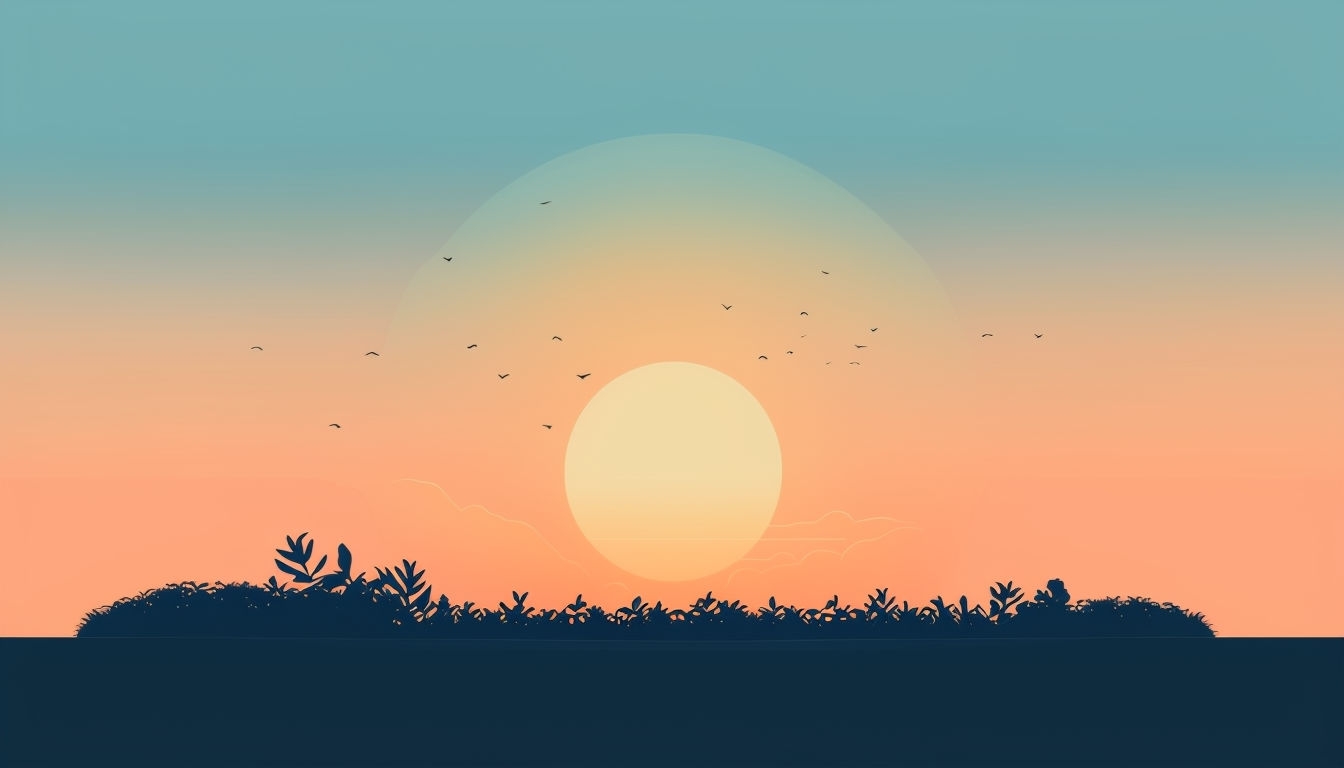 Serene Sunset Landscape Illustration with Birds Virtual Background