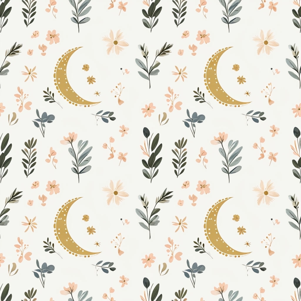 Whimsical Botanical Seamless Pattern with Moons and Flowers Seamless Pattern