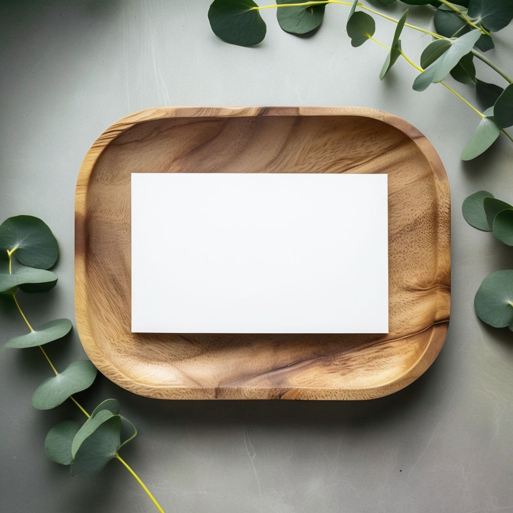 Minimalist Wooden Spa Tray with Card and Eucalyptus Mockup