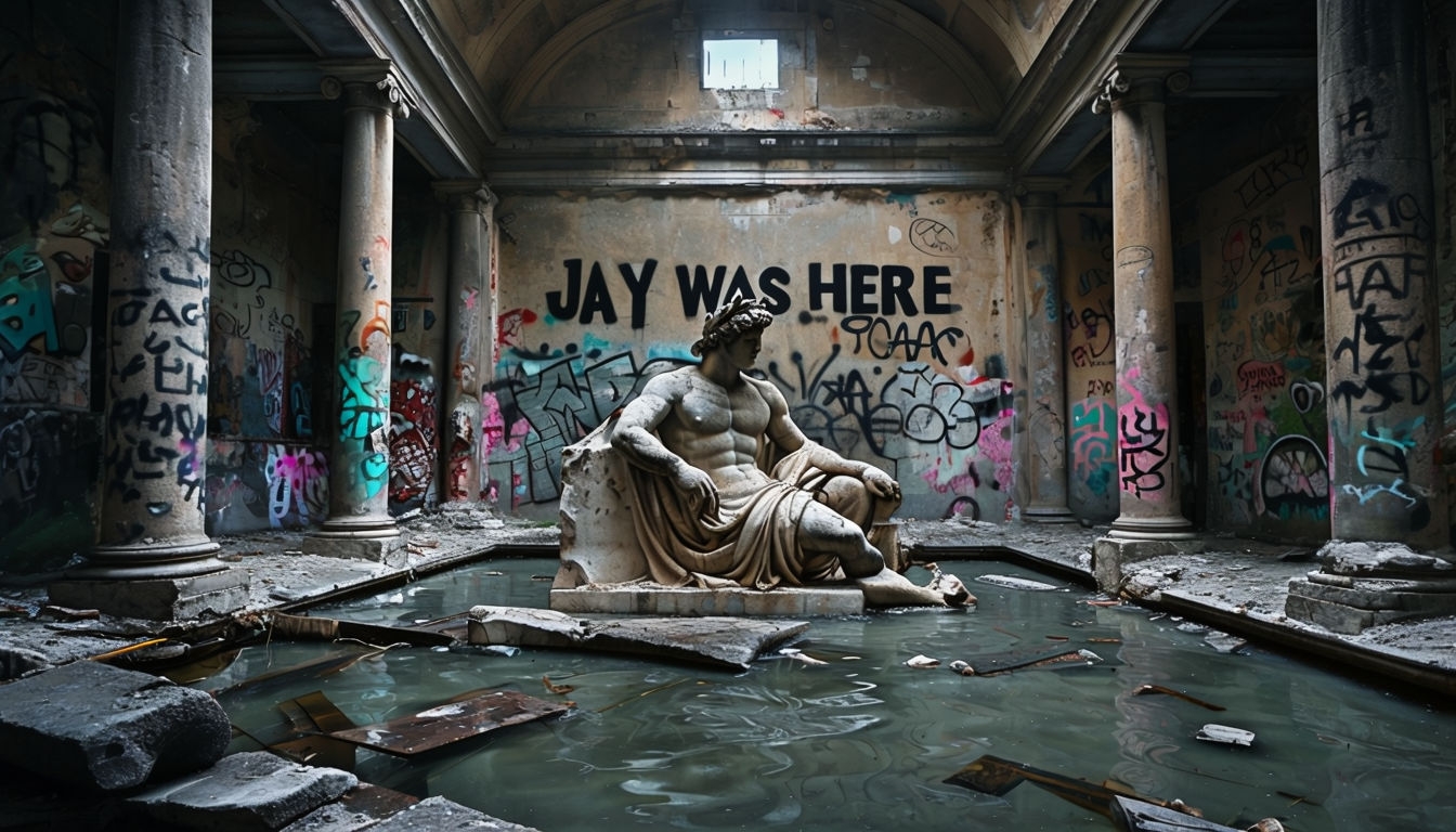 Eerie Abandoned Classical Statue with Graffiti Virtual Background