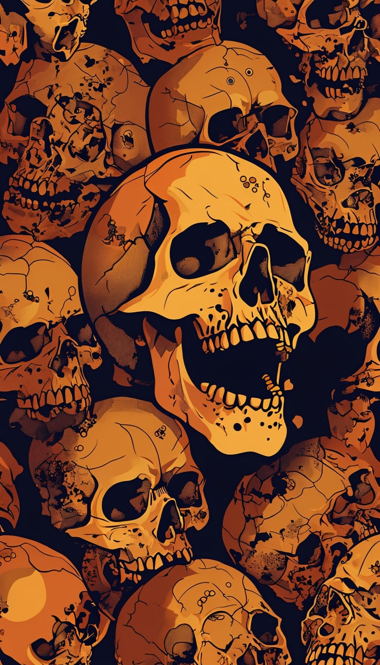 Eerie Overlapping Skull Pattern in Amber and Orange Art Mobile Wallpaper