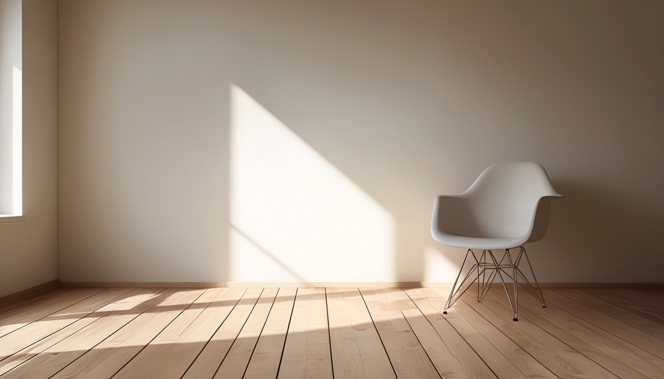 Minimalist Interior with Sunlit Chair and Wood Floor Virtual Background