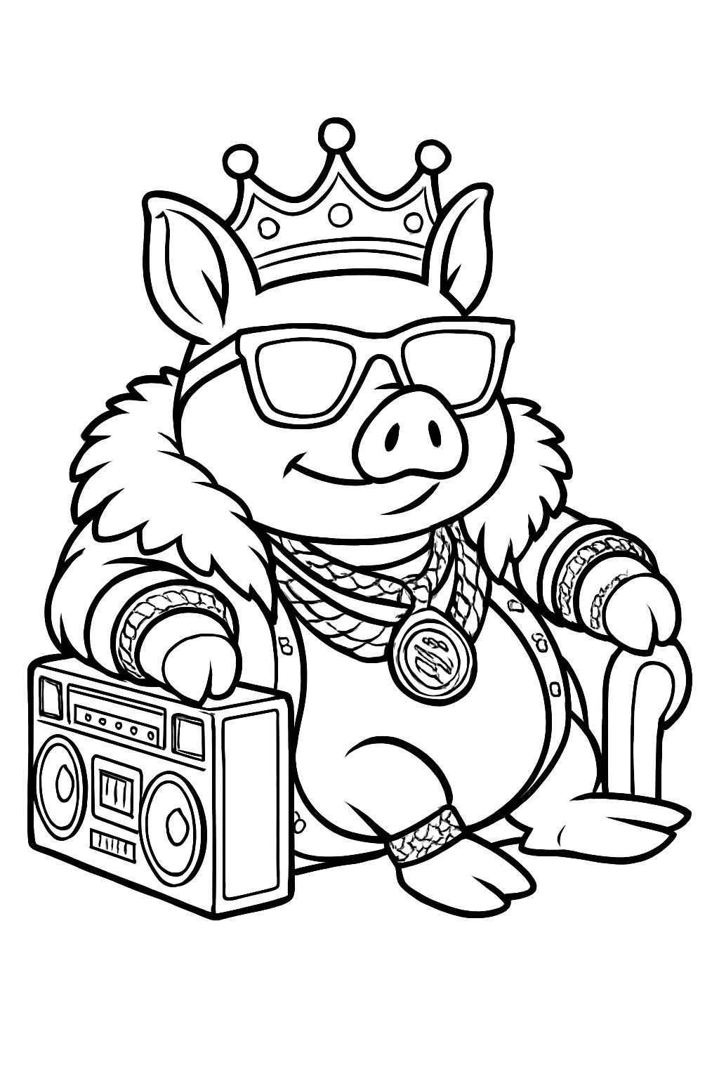 Cool Hip-Hop Pig Character on Throne Line Drawing Coloring Page