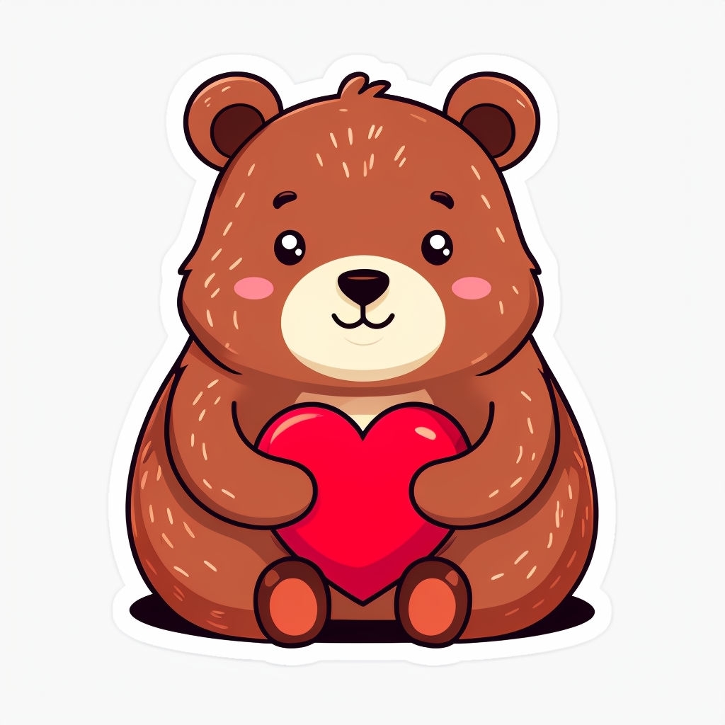 Cheerful Brown Bear Holding Heart Cute Cartoon Sticker