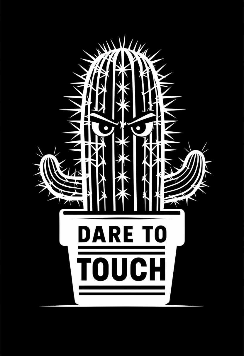 Angry Cartoon Cactus with Dare to Touch Text T-Shirt