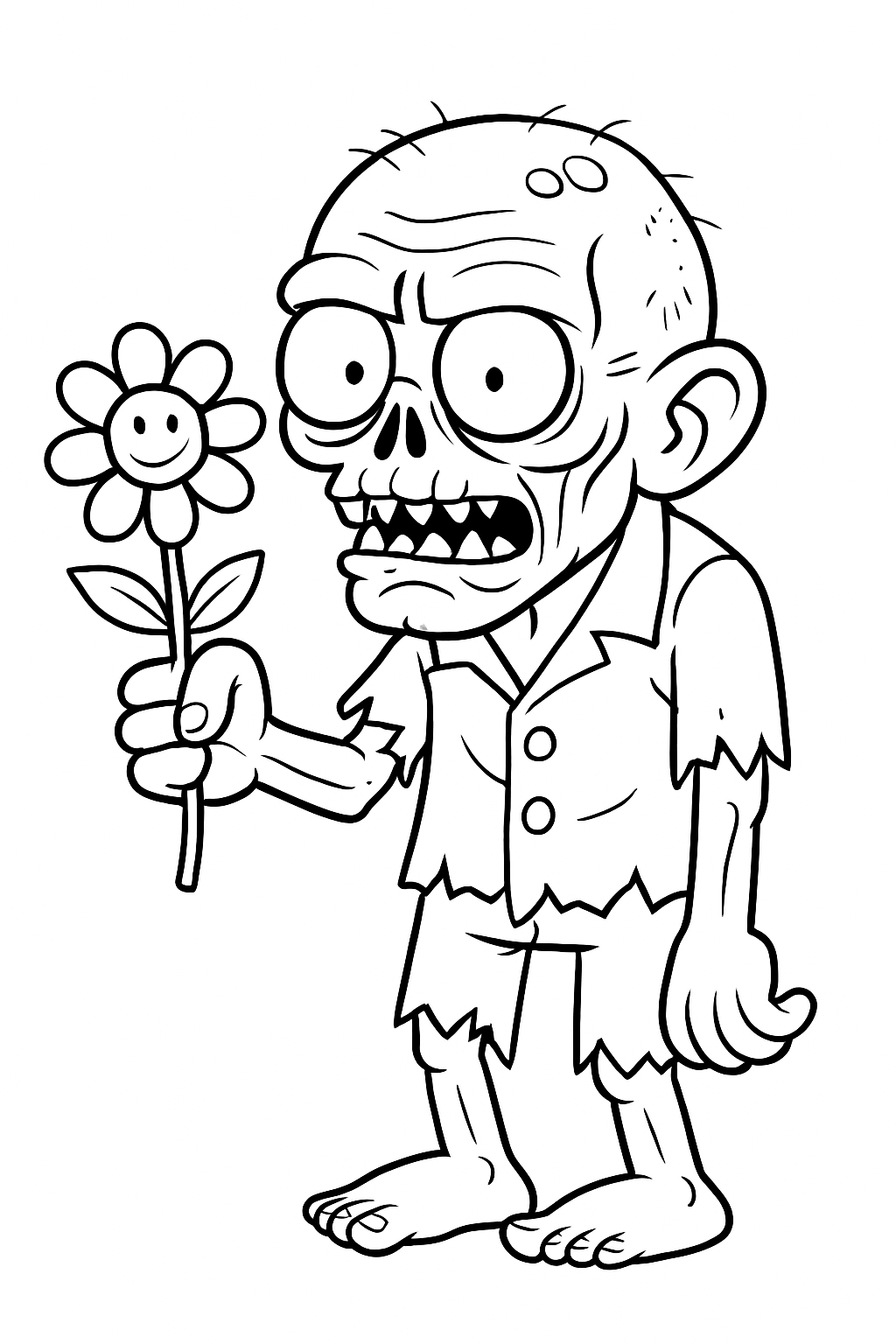 Comical Zombie Holding Flower Cartoon Illustration Coloring Book Pages