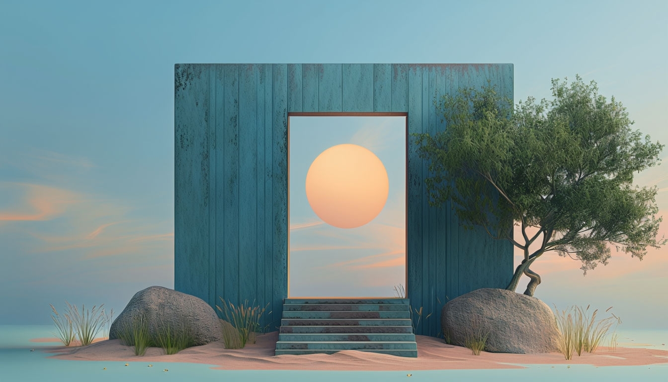 Teal Geometric Structure with Sun and Tree Virtual Background