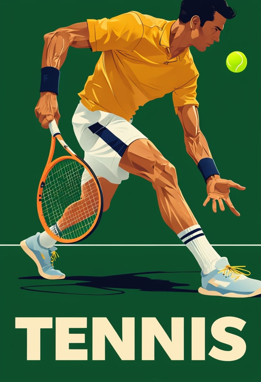 Dynamic Tennis Player Action Illustration on Green Court Poster