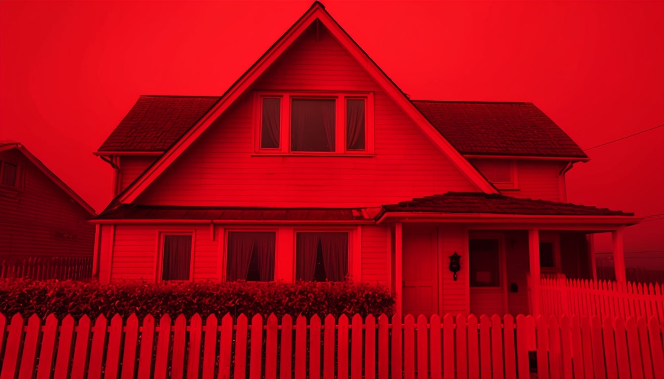 Surreal Red Lit Two-Story House Photograph for Virtual Backgrounds