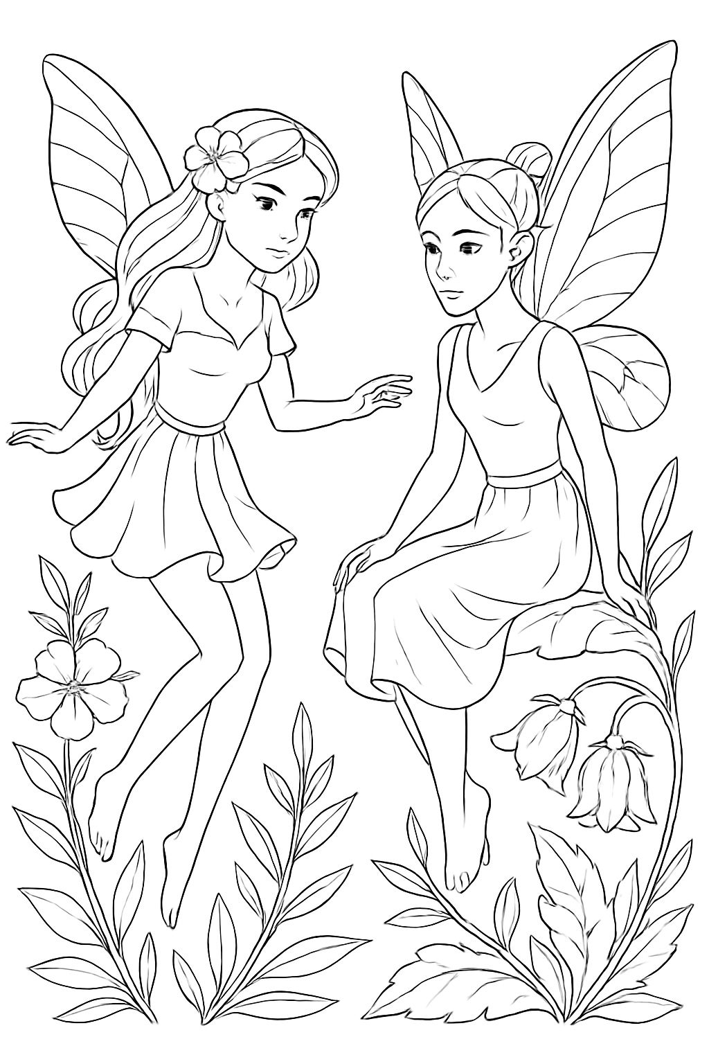 Whimsical Fairy Interaction in Nature Line Art Coloring Book Pages