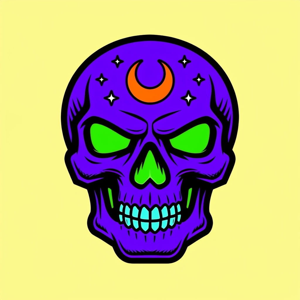 Vibrant Cartoon Skull with Moon and Stars Illustration Sticker