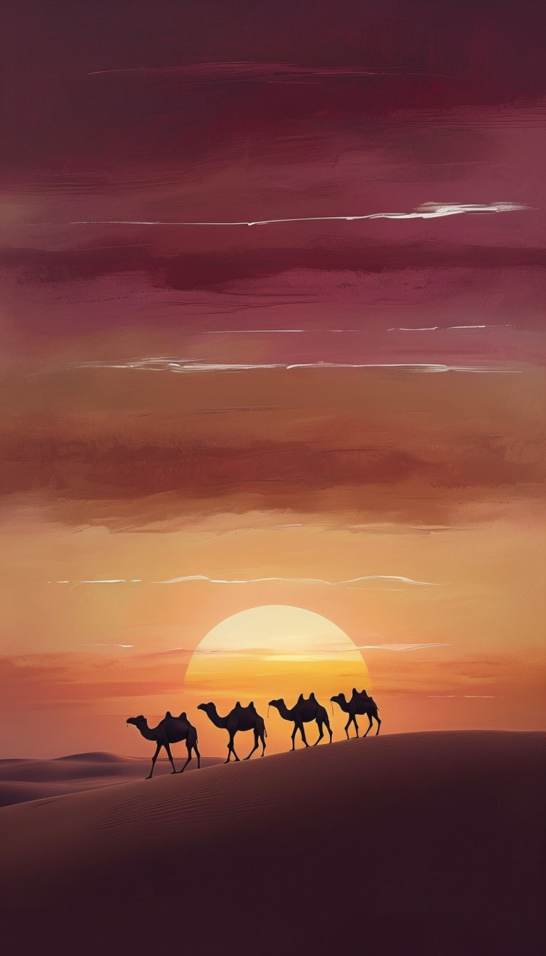 Tranquil Desert Sunset with Silhouetted Camels Mobile Wallpaper