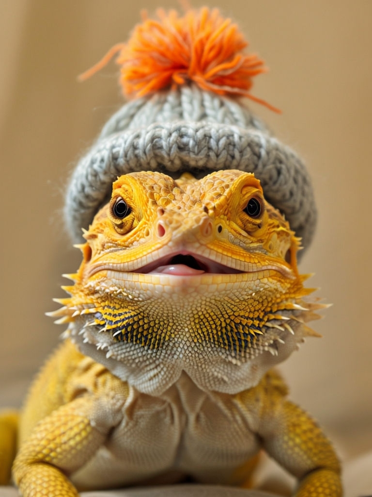 Vibrant Bearded Dragon with Knitted Hat Close-Up Art
