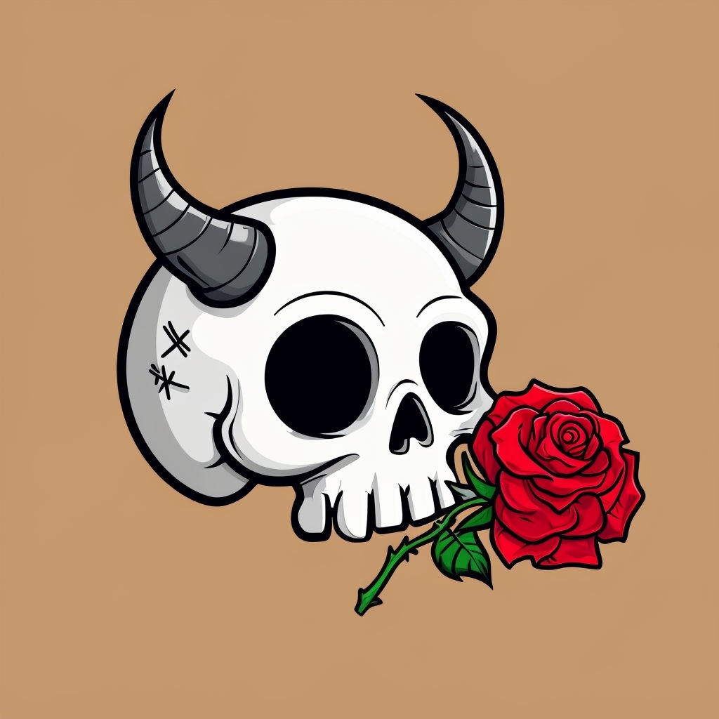 Whimsical Skull with Horns and Red Rose Cartoon T-Shirt