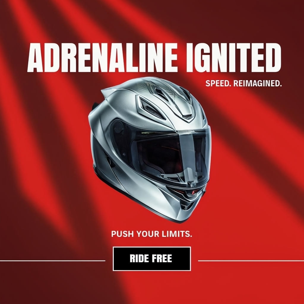 Futuristic Motorcycle Helmet Ad with Bold Call to Action Design Ads