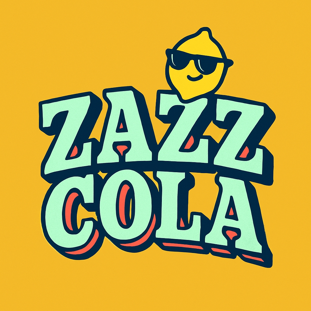 Vibrant ZAZZ COLA Logo with Animated Lemon Character Design