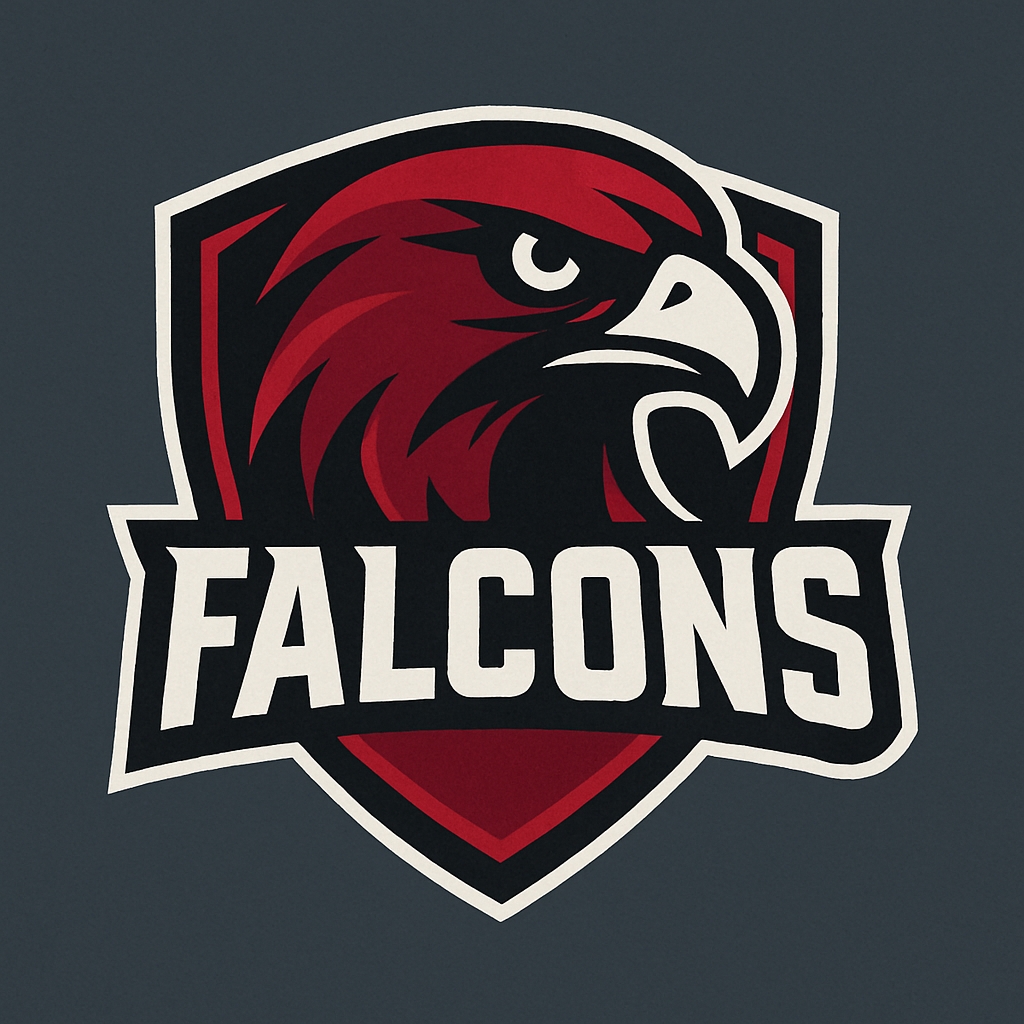 Stylized Maroon Eagle Logo with Bold Falcons Text Design