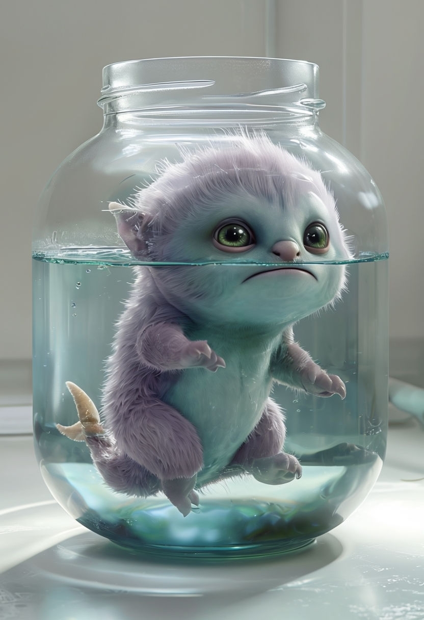 Cute Monster in Glass Jar with Bluish-Green Liquid Art