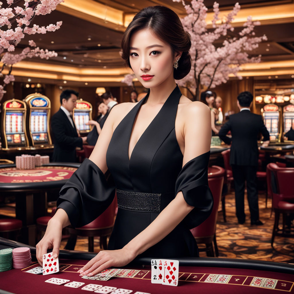 Prompt: Female dealer at a Tokyo casino staged background, black dress with elegant cuts, holding a deck of cards, focused stance, confident gaze at the table, soft ambient casino lighting around, patrons in soft focus, cherry blossom-themed slot machines faintly visible in the background, digital painting, ultra realistic.