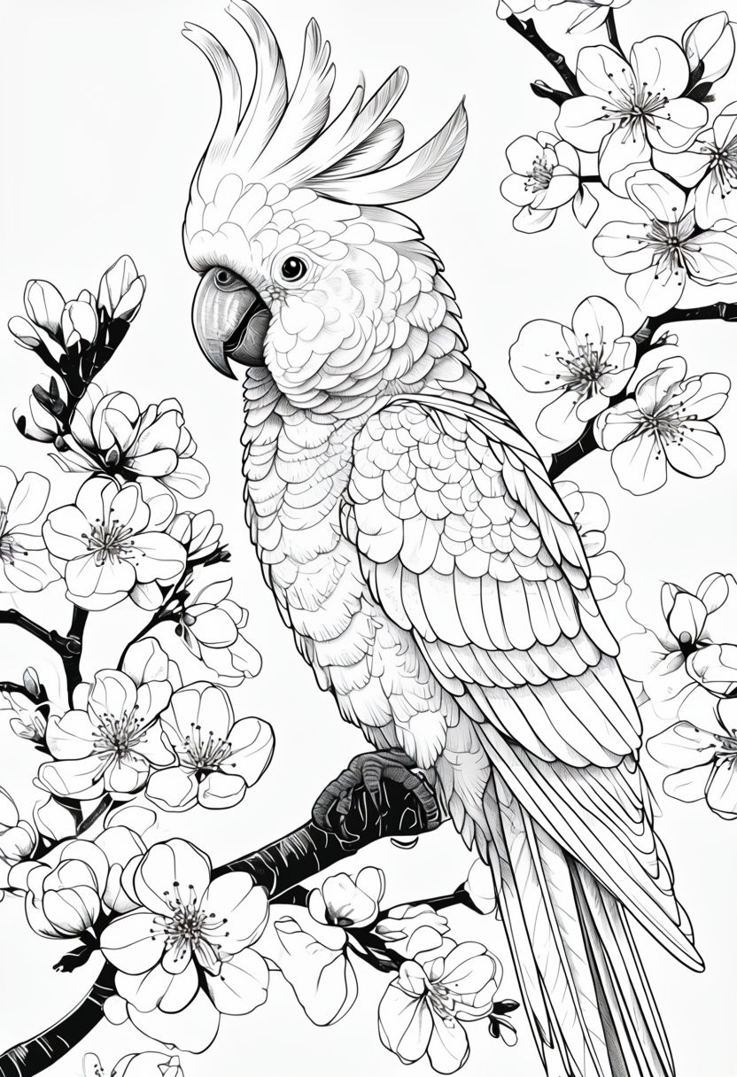 Intricate Black and White Cockatoo with Flowers Art