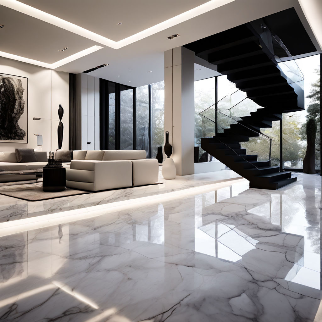 White marble with a risen living room floor with black stair... by