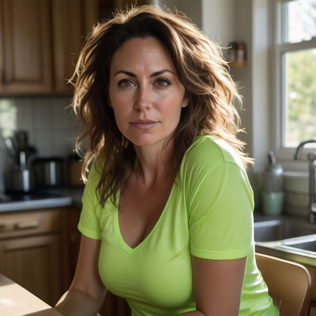 8k photo of cute faced wealthy busty mom posing on kitchen counter in tight  outfit making eye contact with the camera