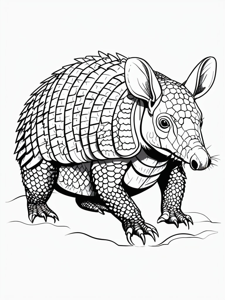 Intricate Black and White Armadillo Line Drawing Coloring Book Page