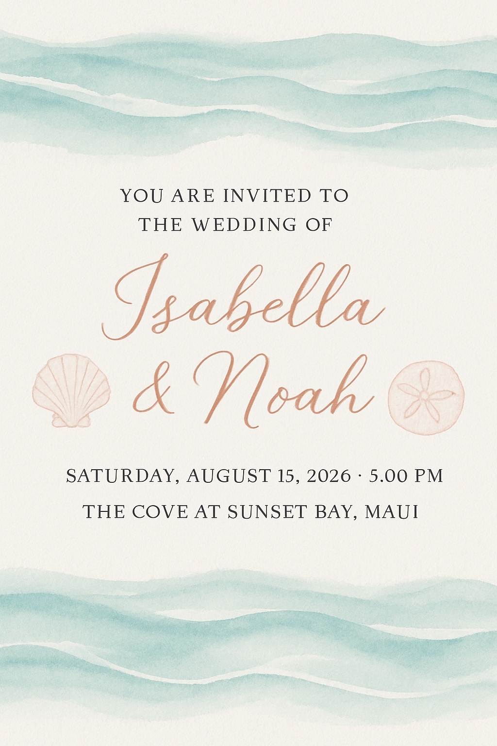 Elegant Coastal Wedding Invitation Card with Watercolor Waves