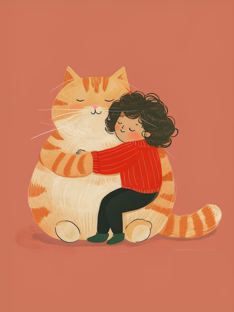 Warm Whimsical Ginger Cat Embracing Young Girl Illustration Art