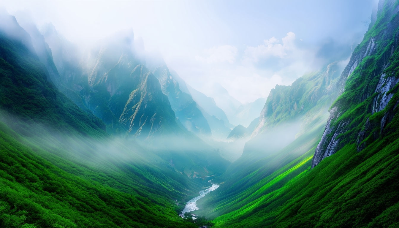 Tranquil Mountain Valley with Mist and River Art