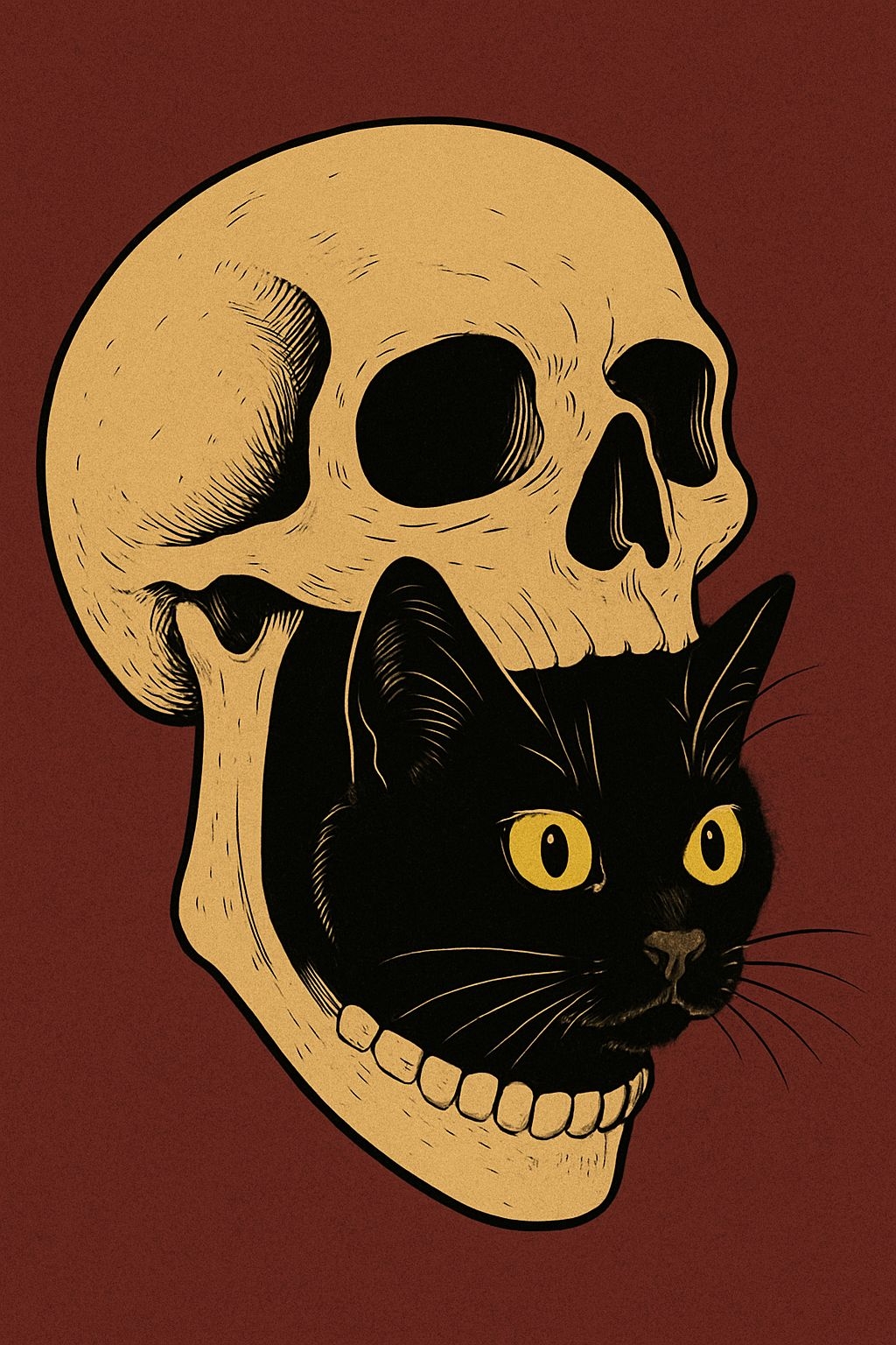 Surreal Beige Skull with Black Cat Illustration Art