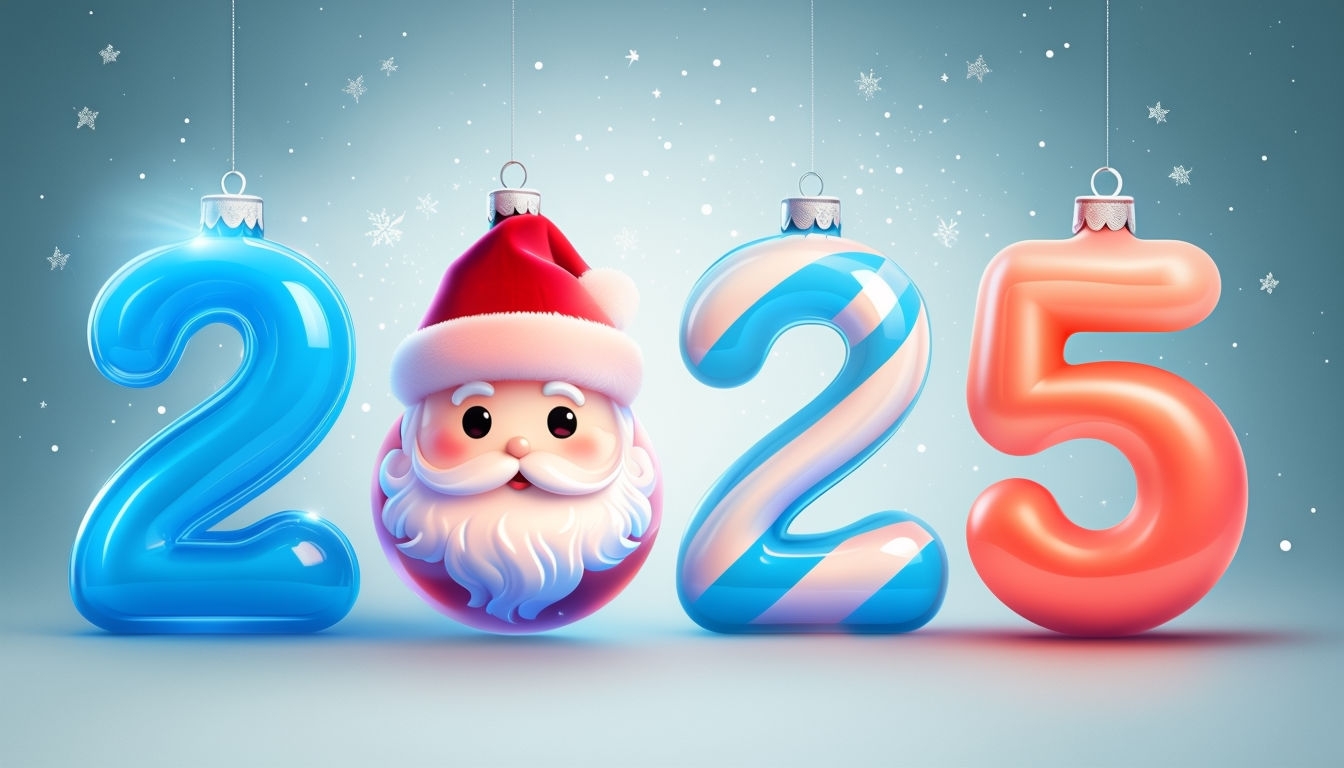 Vibrant 2025 Celebration with Santa Claus and Festive Elements Background