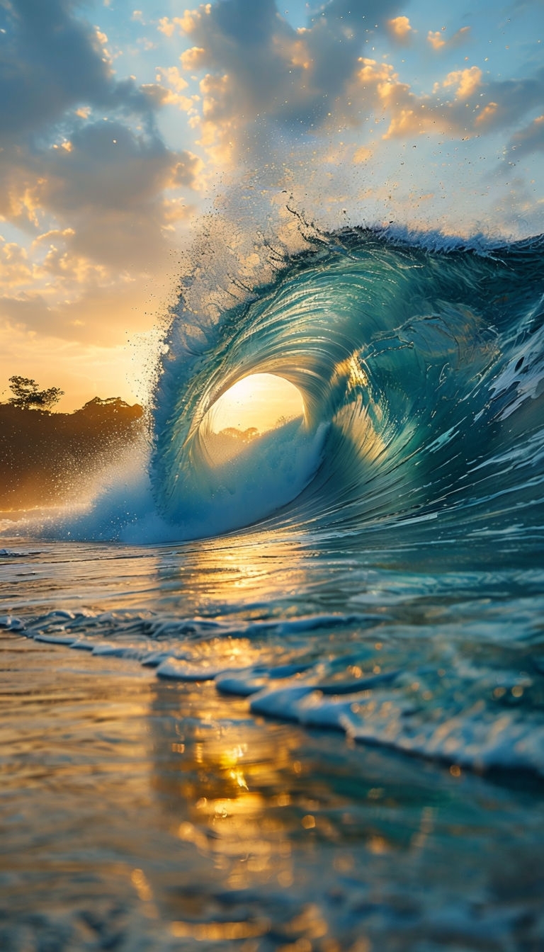 Majestic Sunset Wave Cresting at Beach Photograph Art