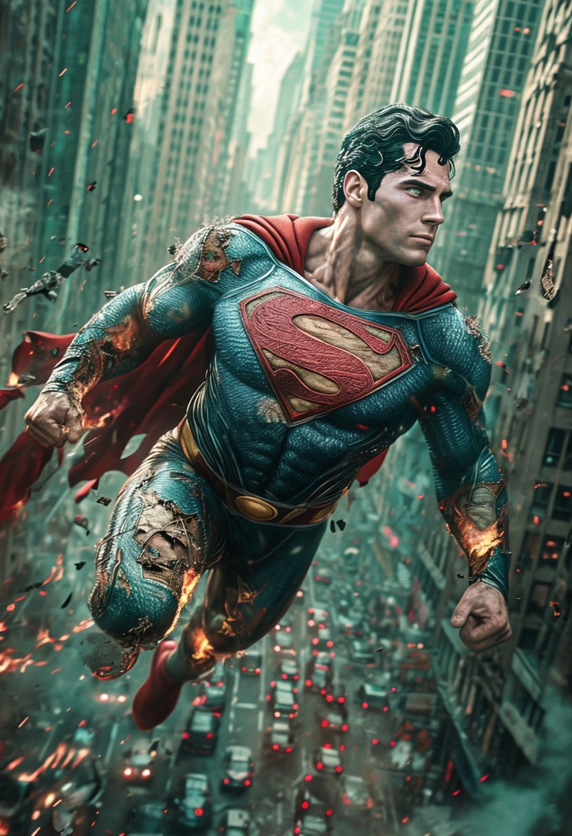 Damaged Superman in Flight Through Urban Chaos Art Poster