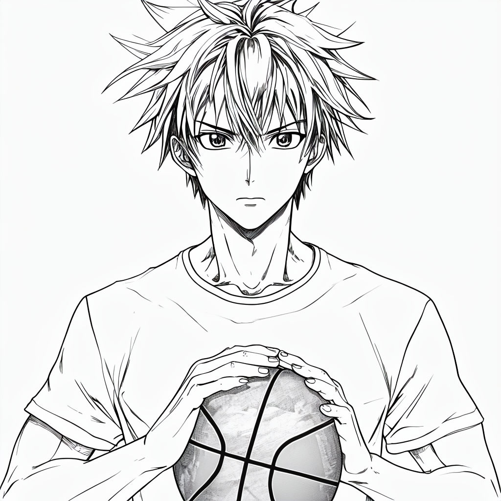 Anime Male Character with Basketball Line Art Poster