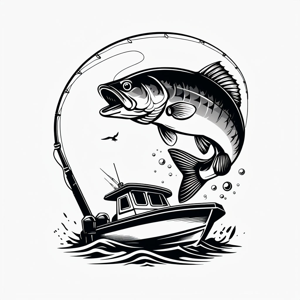 Dynamic Black and White Fishing Scene Illustration Logo