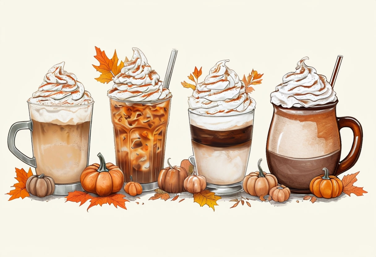 Cozy Fall-Themed Coffee Beverages Hand-Drawn Illustration Art