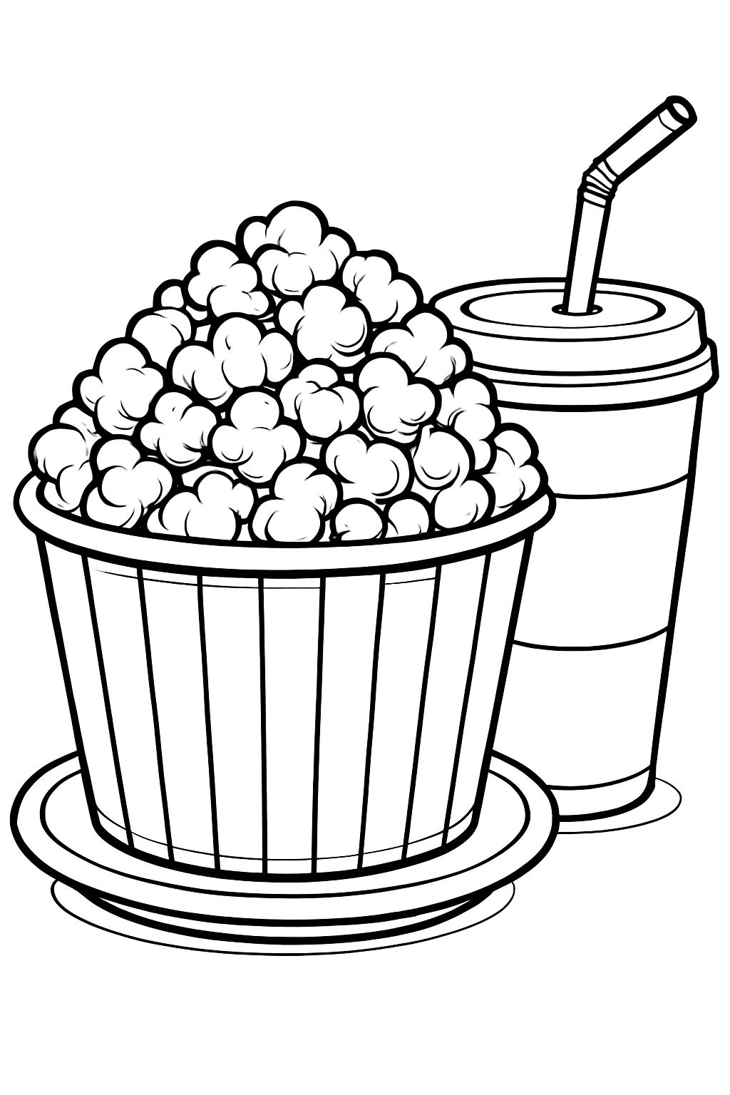 Cartoon Popcorn Bucket and Soda Cup Line Drawing Coloring Book Pages