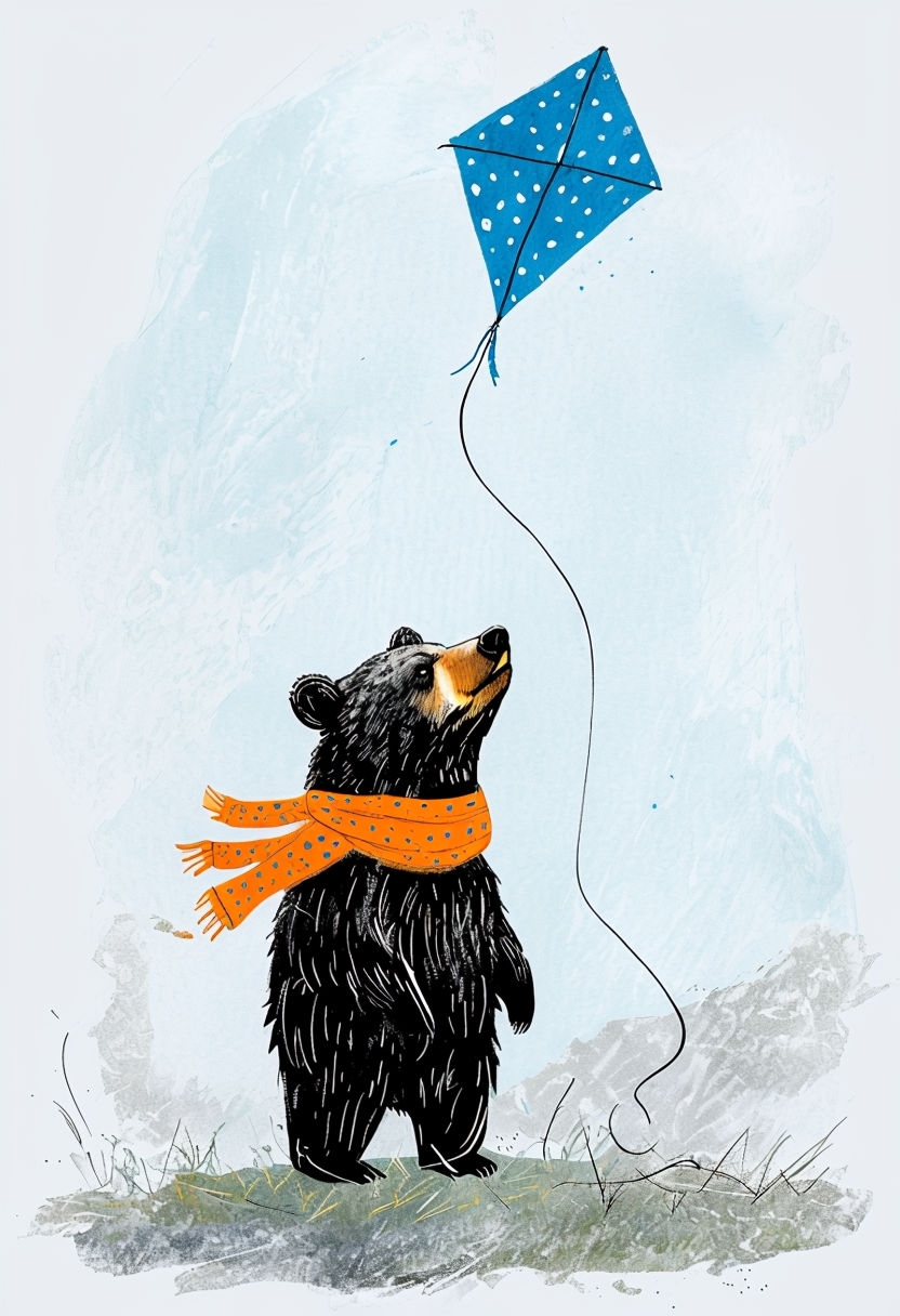 Whimsical Black Bear with Colorful Kite Digital Art Illustration