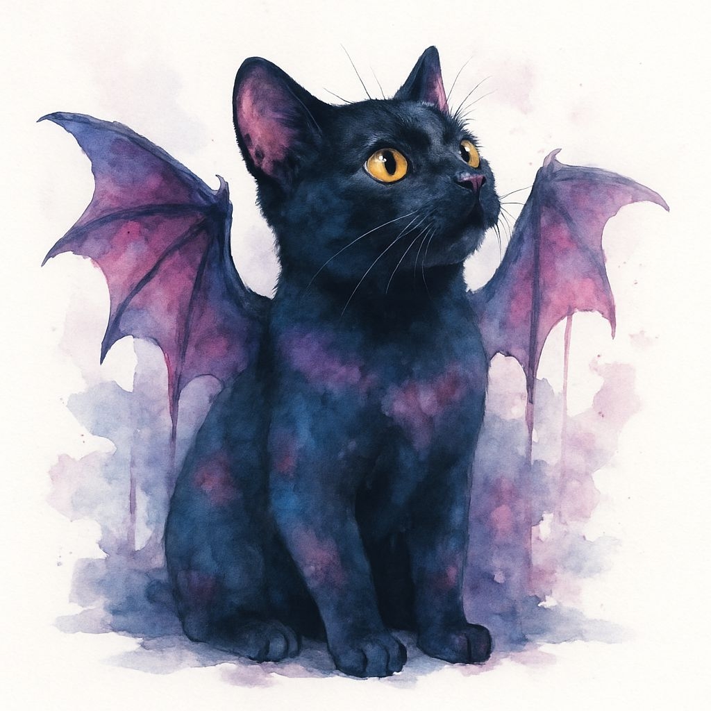 Whimsical Black Cat with Bat Wings Watercolor Illustration Sticker