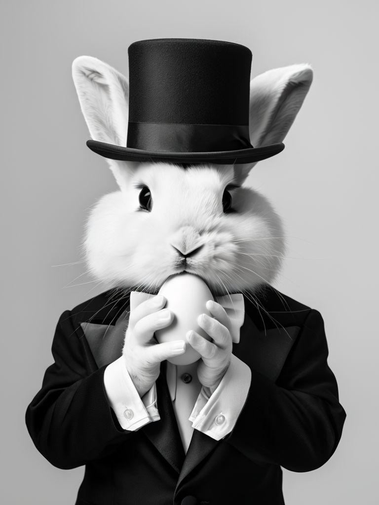 Surreal Black and White Rabbit in Tuxedo Holding Egg Art