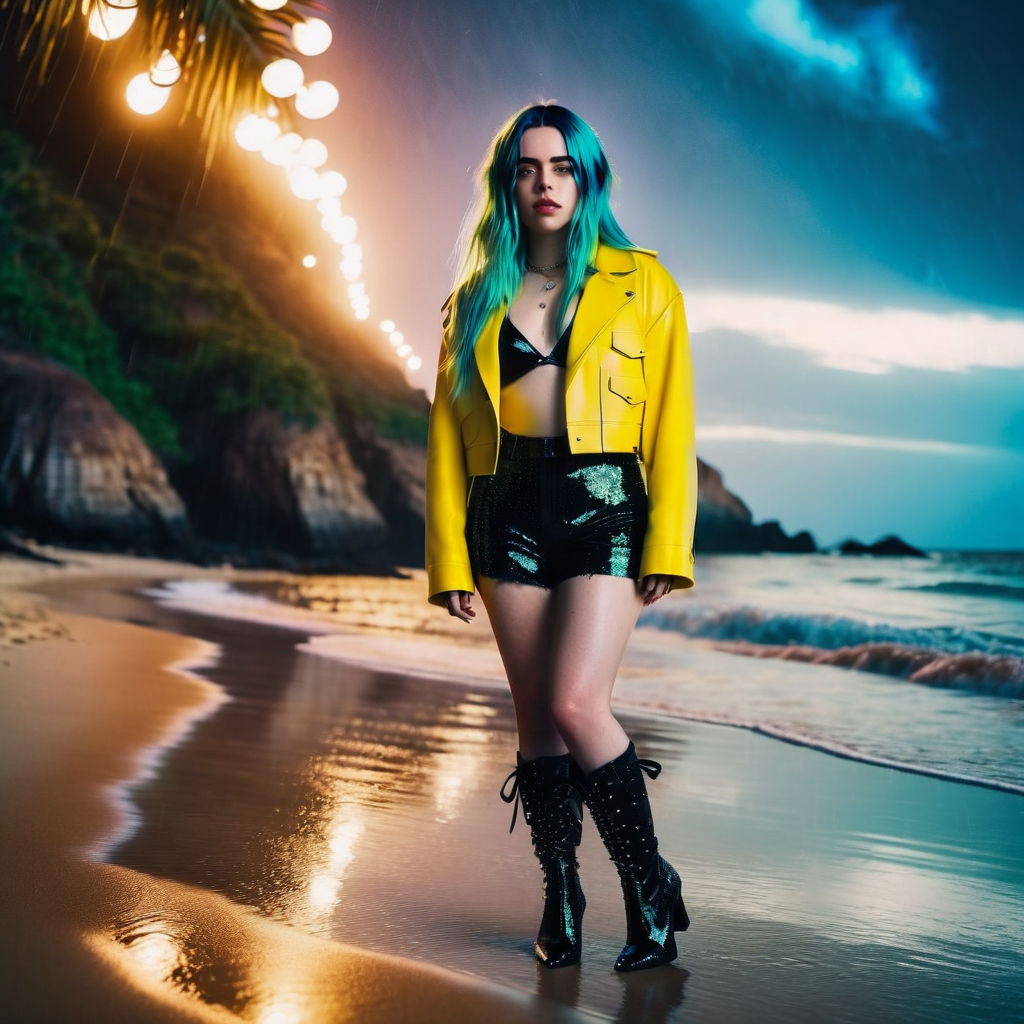 photo of a Billie Eilish very pretty girl in a bikini at the pool