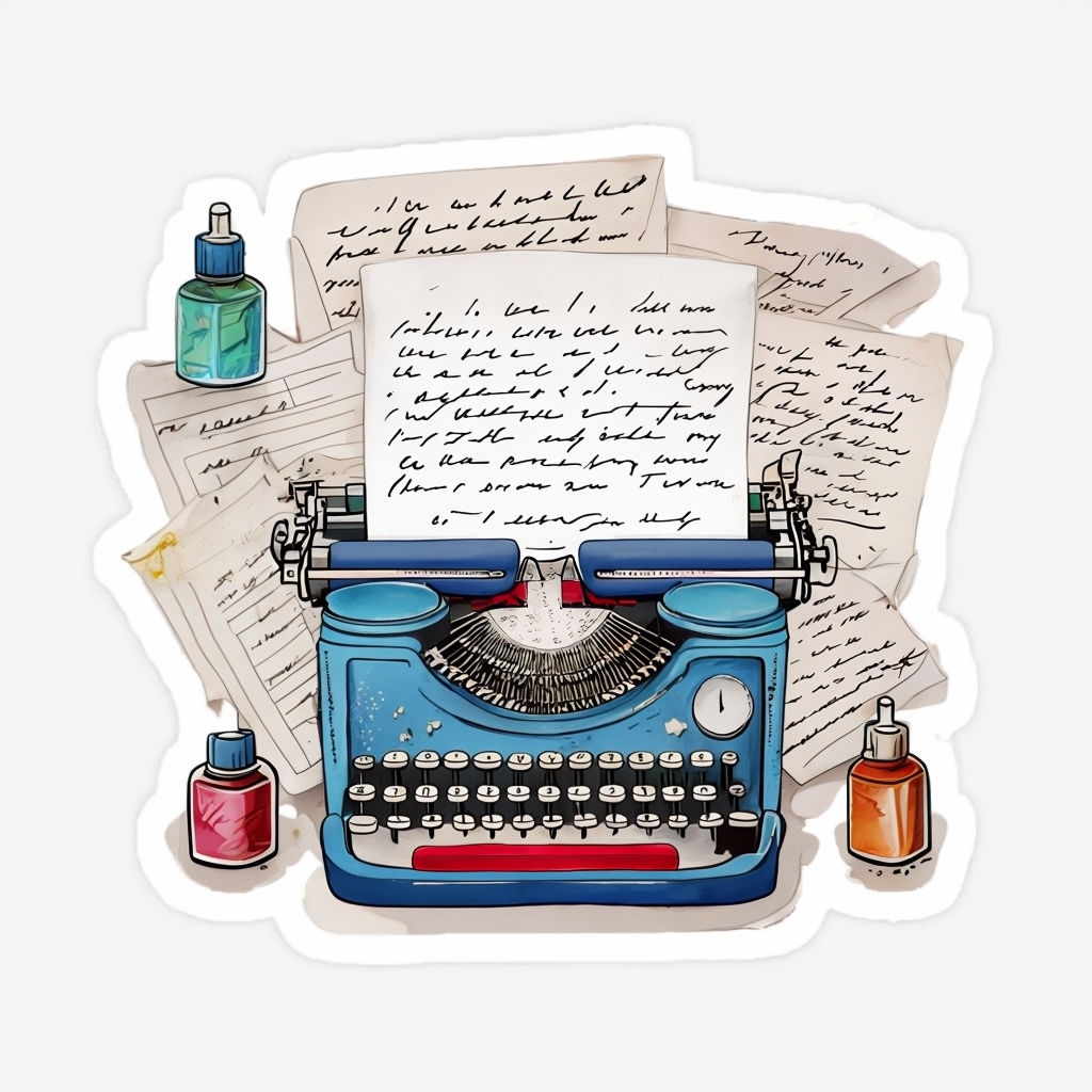 Vintage Typewriter with Colorful Ink Bottles and Paper Sticker