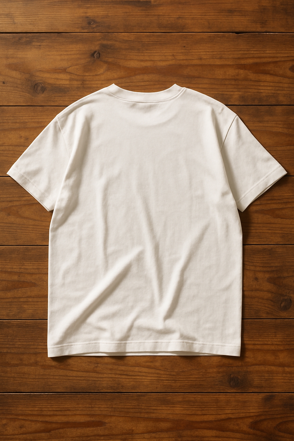 Beige T-Shirt Laid Flat on Rustic Wooden Surface Mockup