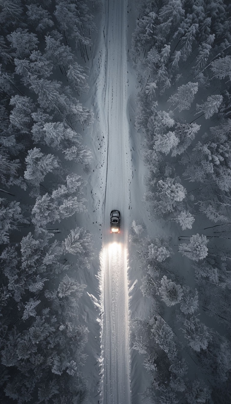 Solitary Vehicle on Snowy Road Through Frosty Forest Mobile Wallpaper