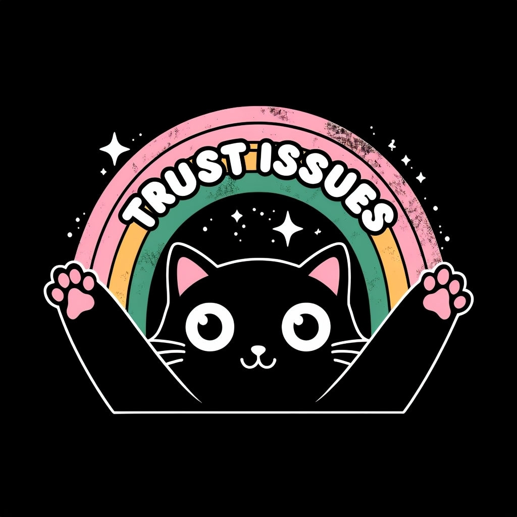 Playful Black Cat with Rainbow and Trust Issues Design T-Shirt